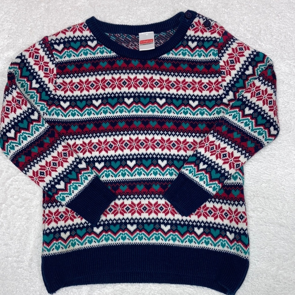Baby hug cotton fair isle heart print button shoulder sweater size 3-4